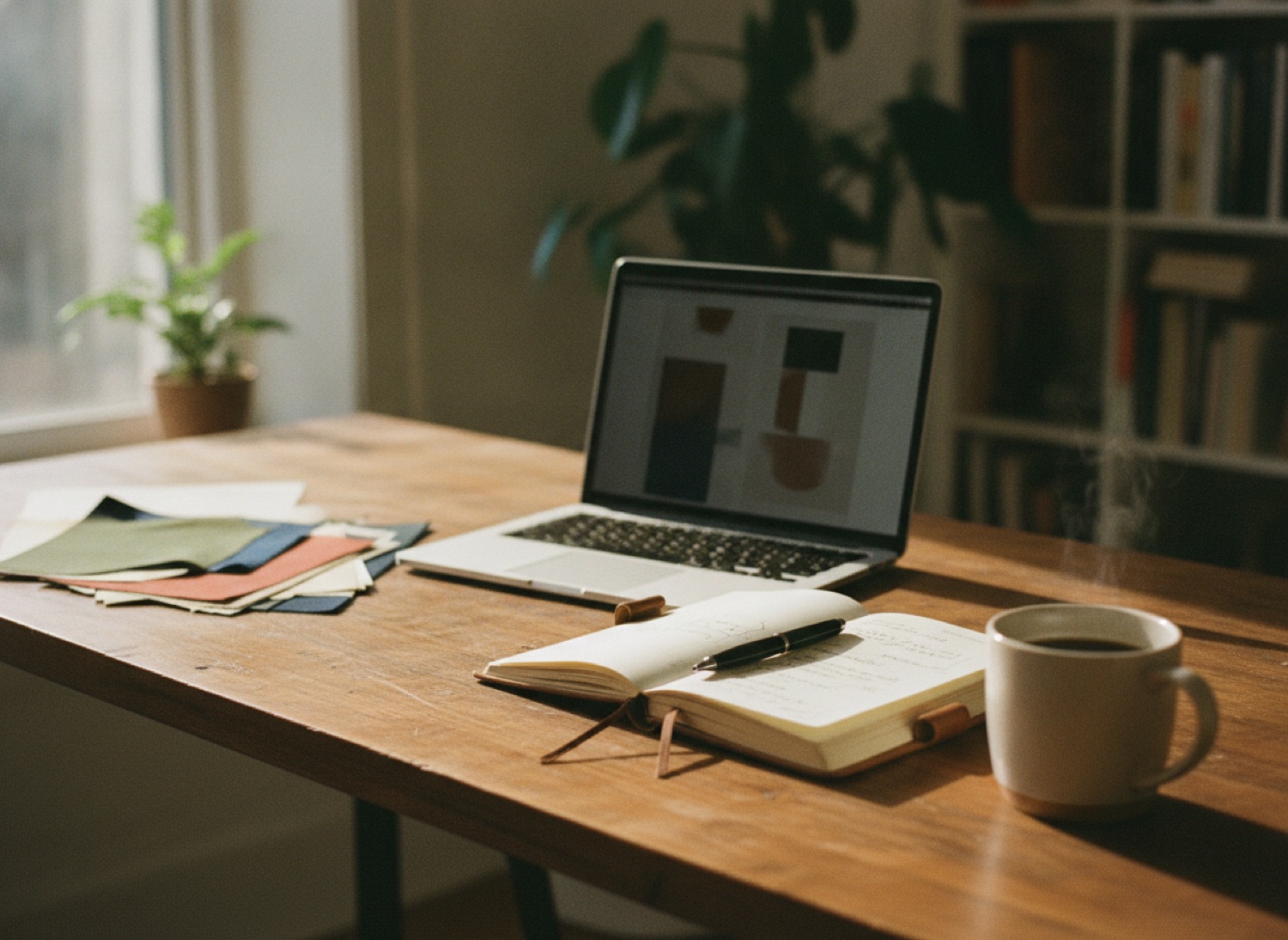 Un plan de travail lumineux, ordinateur ouvert et carnet posés sur un bureau baigné de lumière naturelle